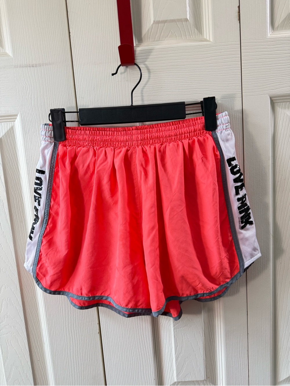 PINK Victorias Secret Bright Orange Sequins Logo Lined Running Shorts Size Large